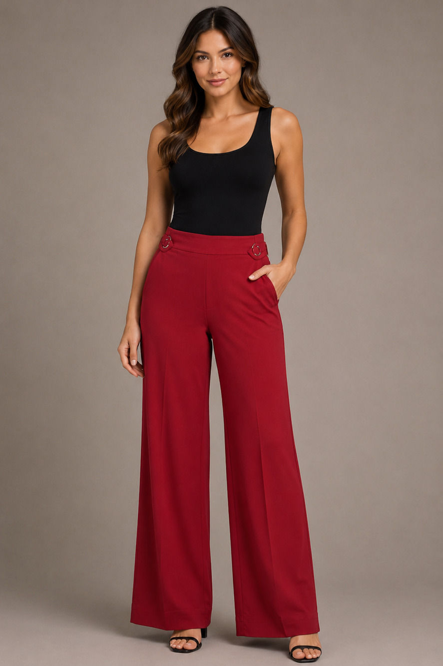 Zac & Rachel Women 8 NWT Red Wide Leg Pull On Pants Side Ring Detail Stretch